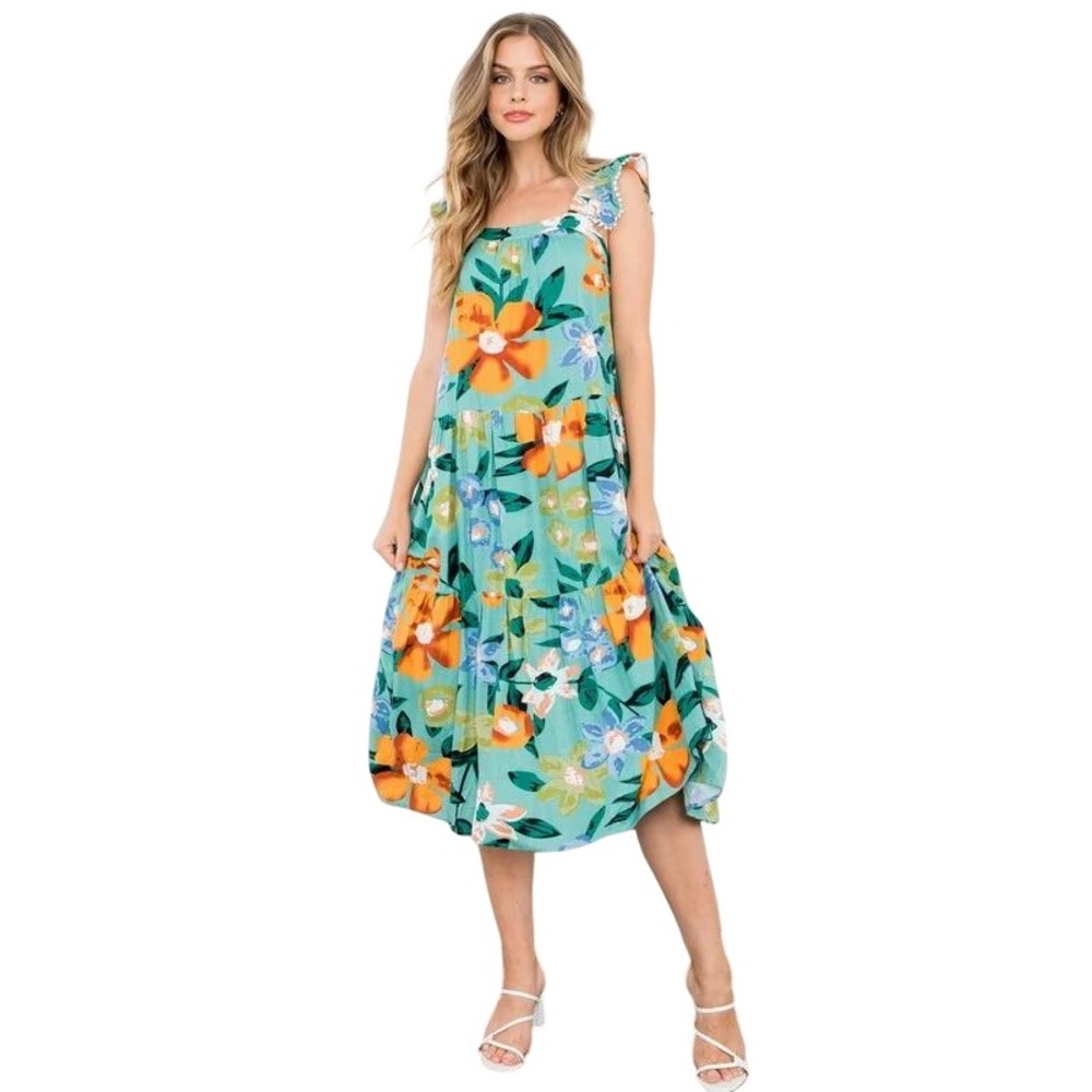 THML Tropical Floral Tiered Sleeveless Midi Dress Pom Pom Trim Multi S Vacation